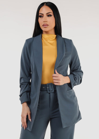 Quarter Sleeve Open Front Blazer Slate Blue