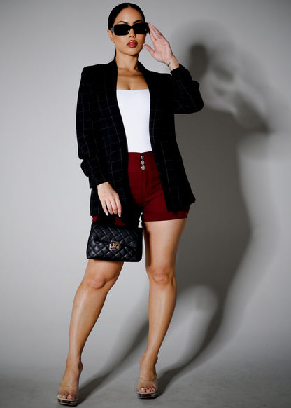 Black Quarter Sleeve Open Front Plaid Blazer