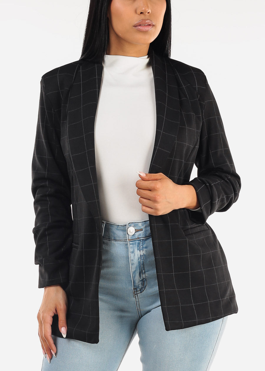 Black Quarter Sleeve Open Front Plaid Blazer