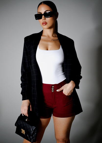 Black Quarter Sleeve Open Front Plaid Blazer