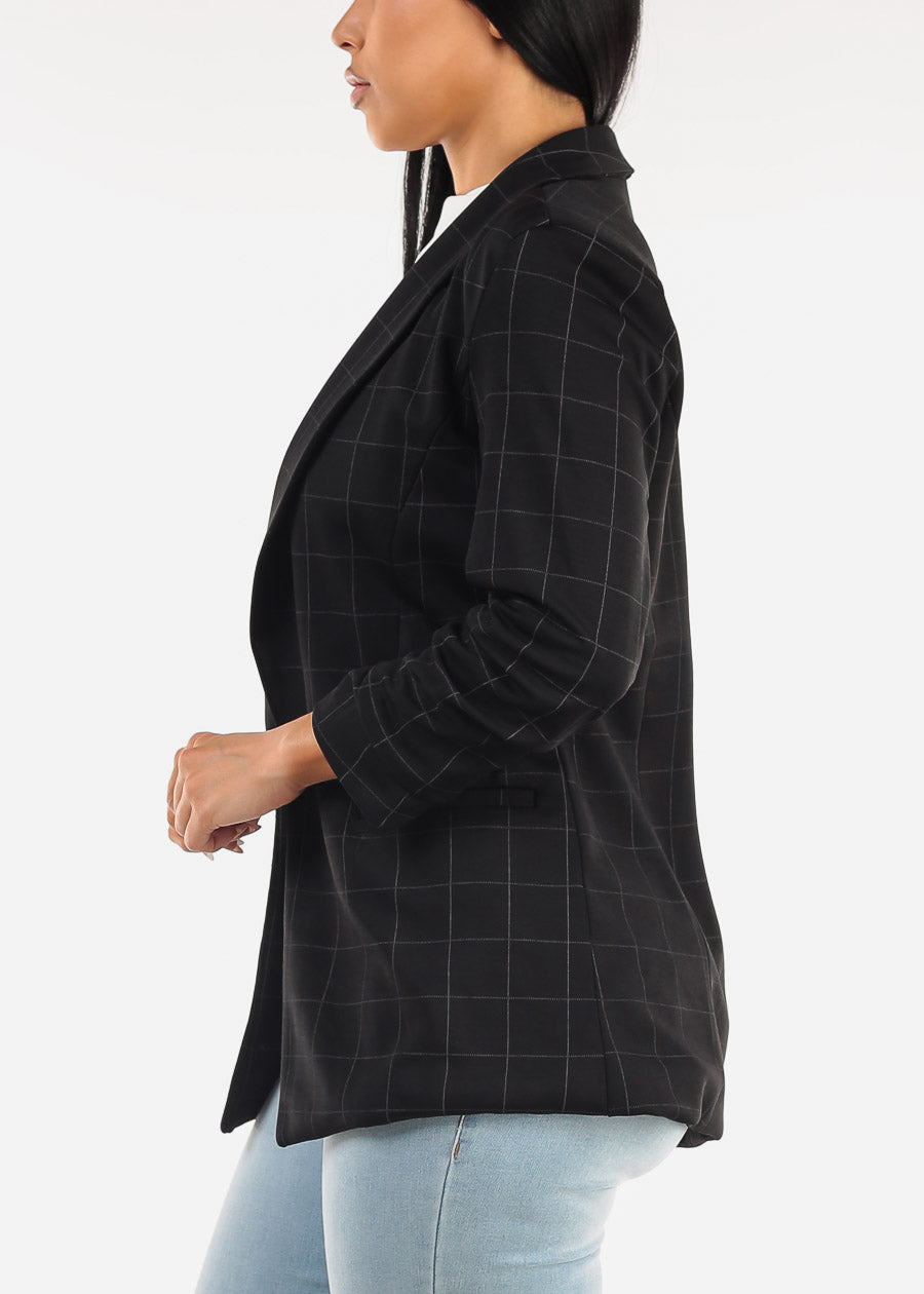 Black Quarter Sleeve Open Front Plaid Blazer