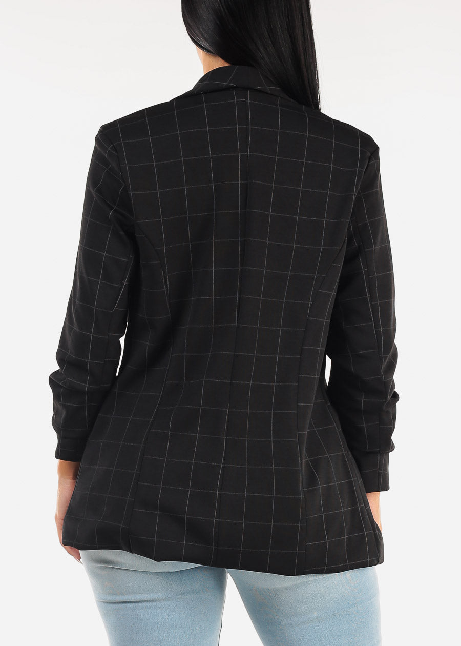 Black Quarter Sleeve Open Front Plaid Blazer