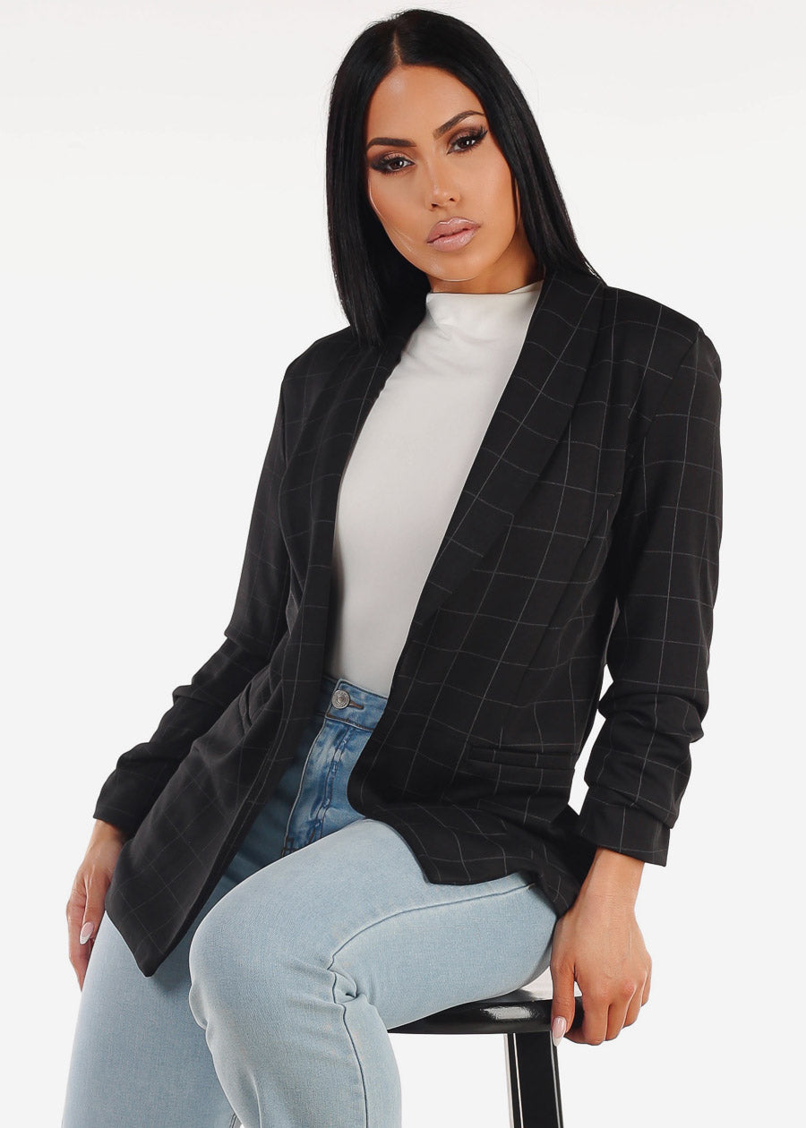 Black Quarter Sleeve Open Front Plaid Blazer