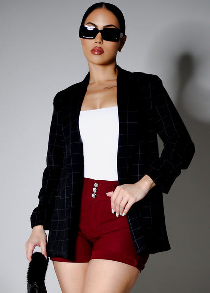 Black Quarter Sleeve Open Front Plaid Blazer