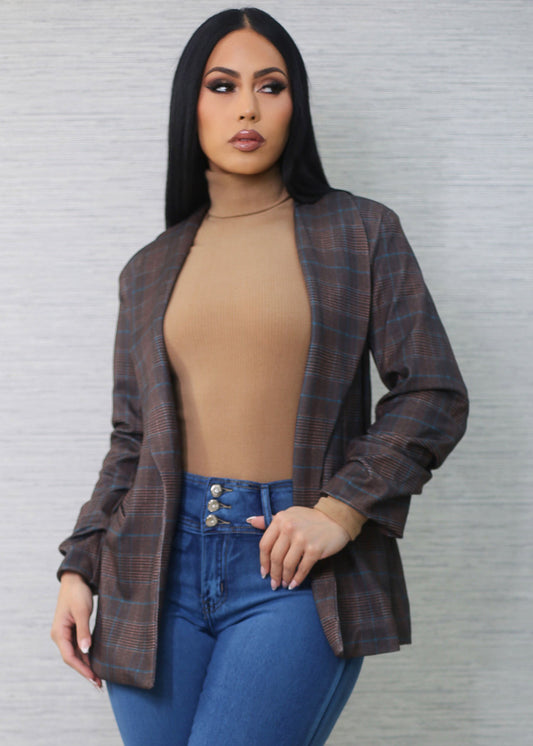 Quarter Sleeve Open Front Plaid Blazer Brown