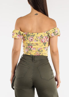 Ruched Short Sleeve Floral Top Yellow