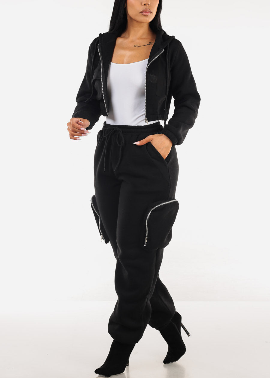 Black Cropped Zip Up Hoody