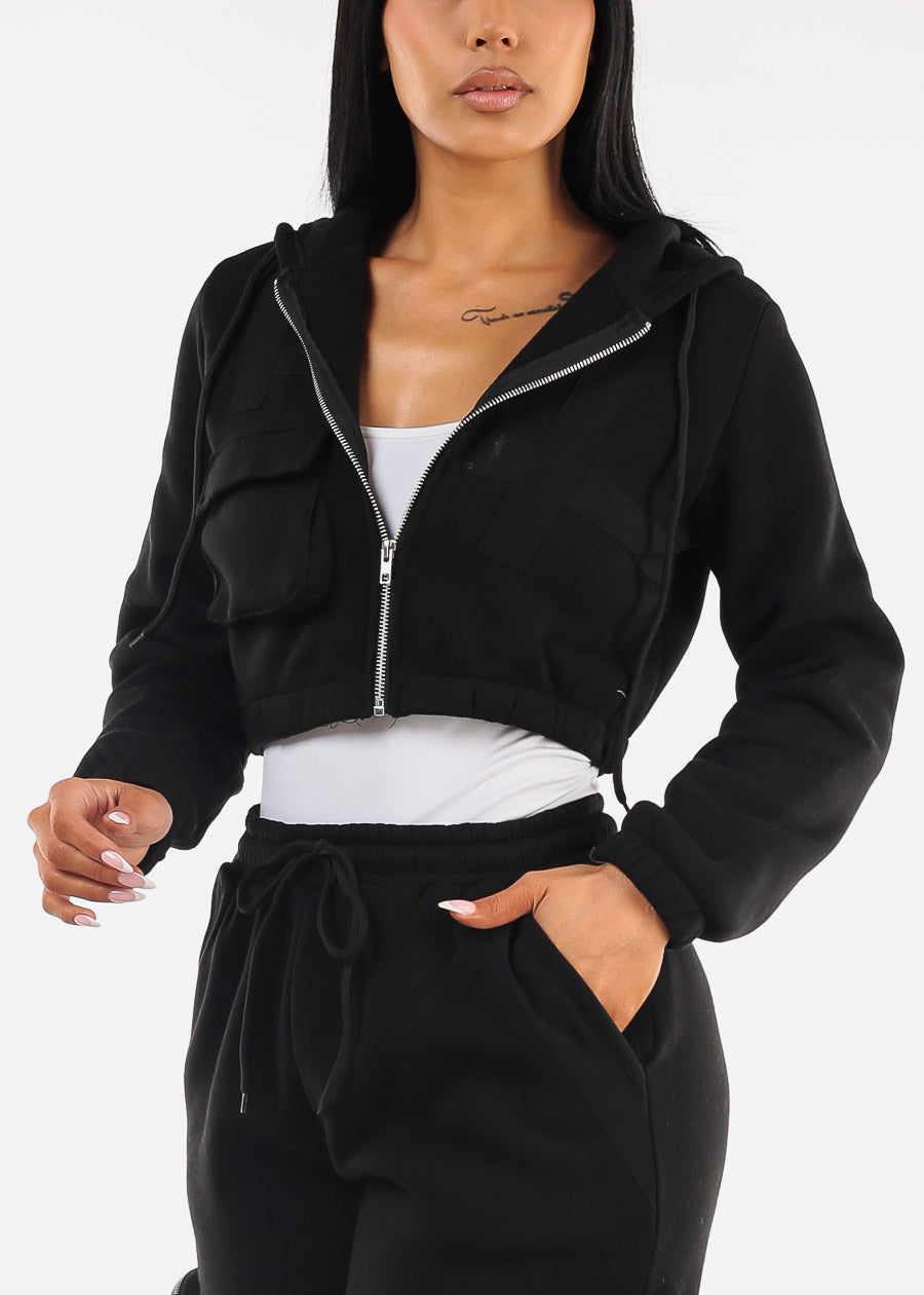 Black Cropped Zip Up Hoody 