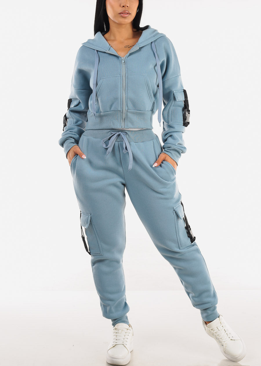 Cropped Zip Up Fleece Hoody Light Blue