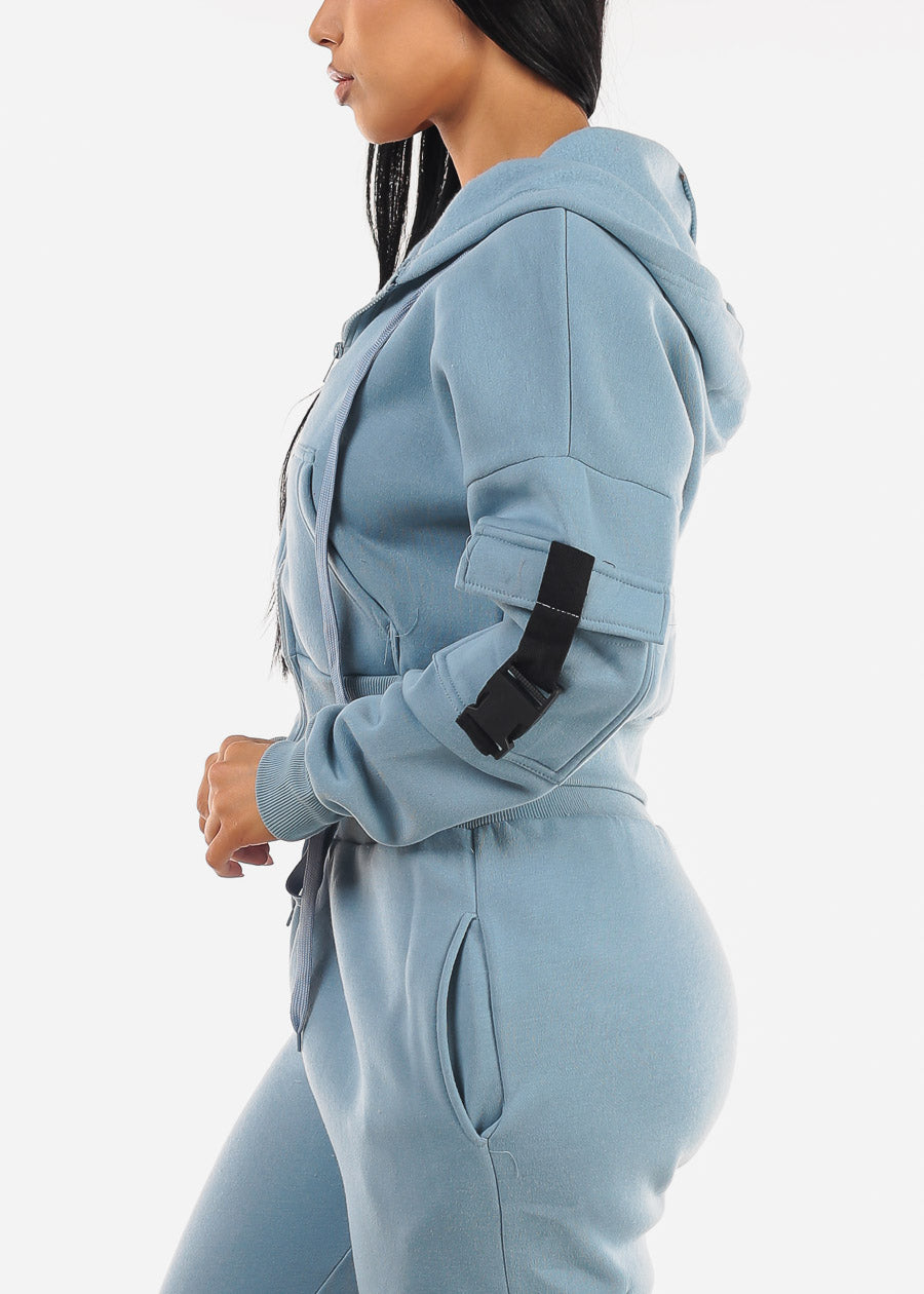 Cropped Zip Up Fleece Hoody Light Blue