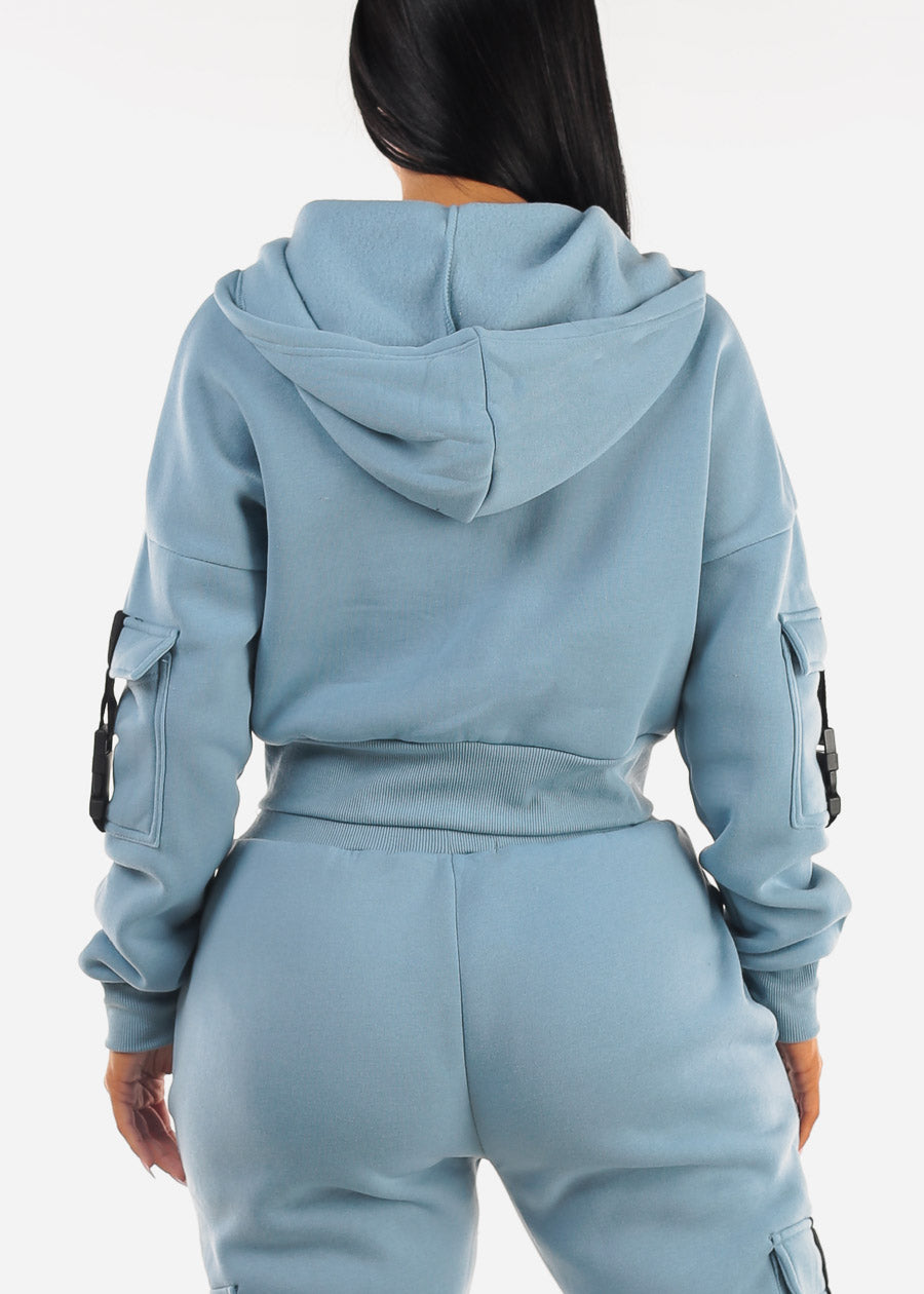 Cropped Zip Up Fleece Hoody Light Blue