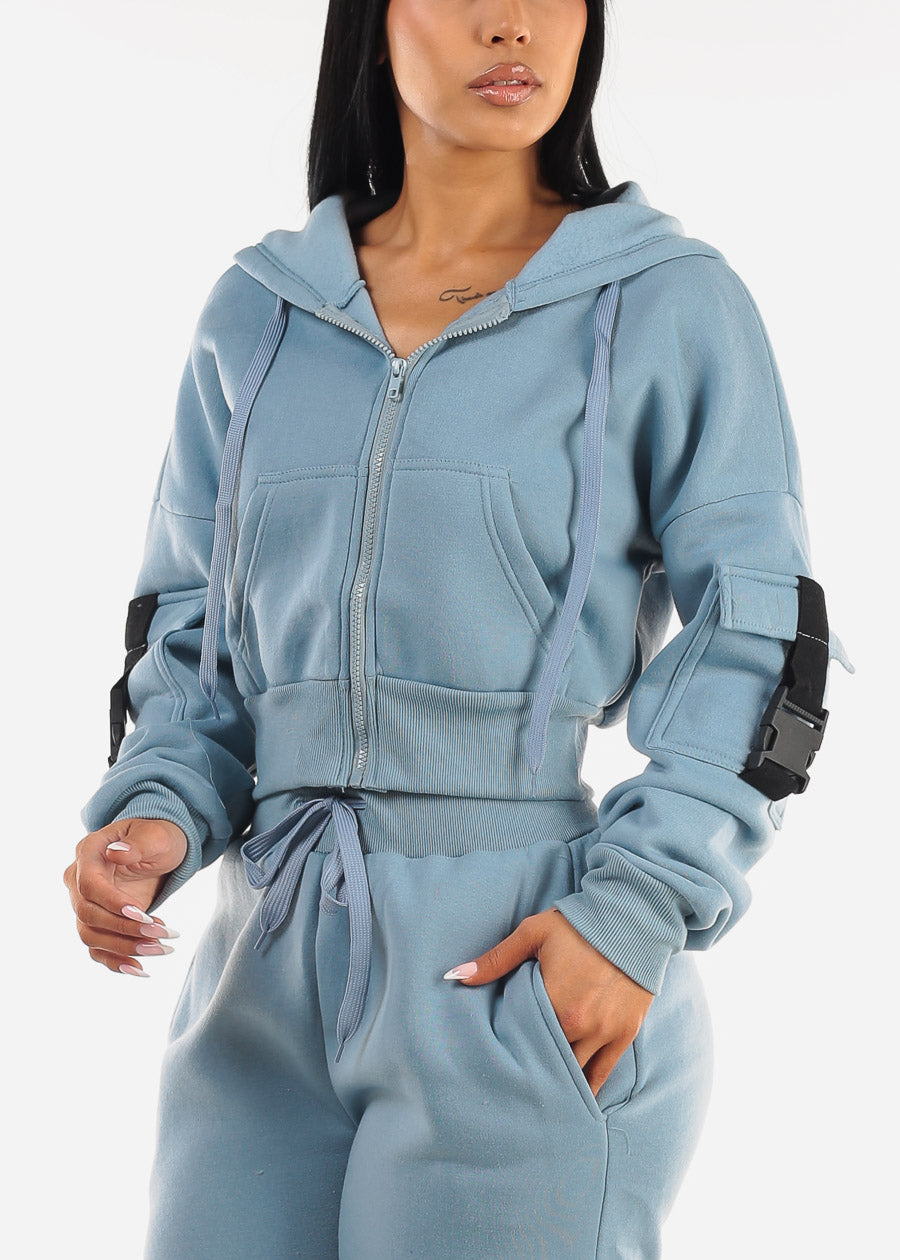 Cropped Zip Up Fleece Hoody Light Blue