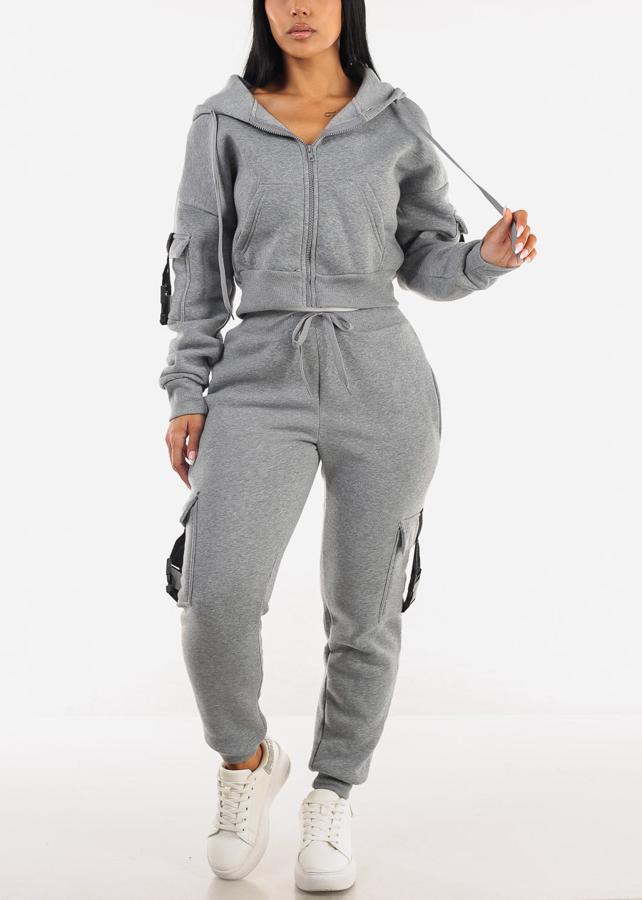 Grey High Waist Fleece Joggers w Buckle Pockets