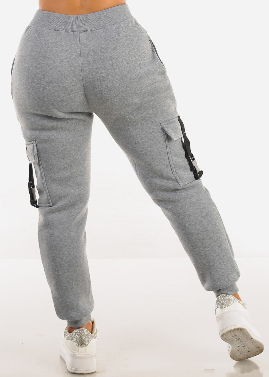 Grey High Waist Fleece Joggers w Buckle Pockets