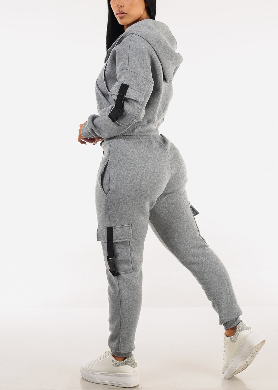 Grey High Waist Fleece Joggers w Buckle Pockets