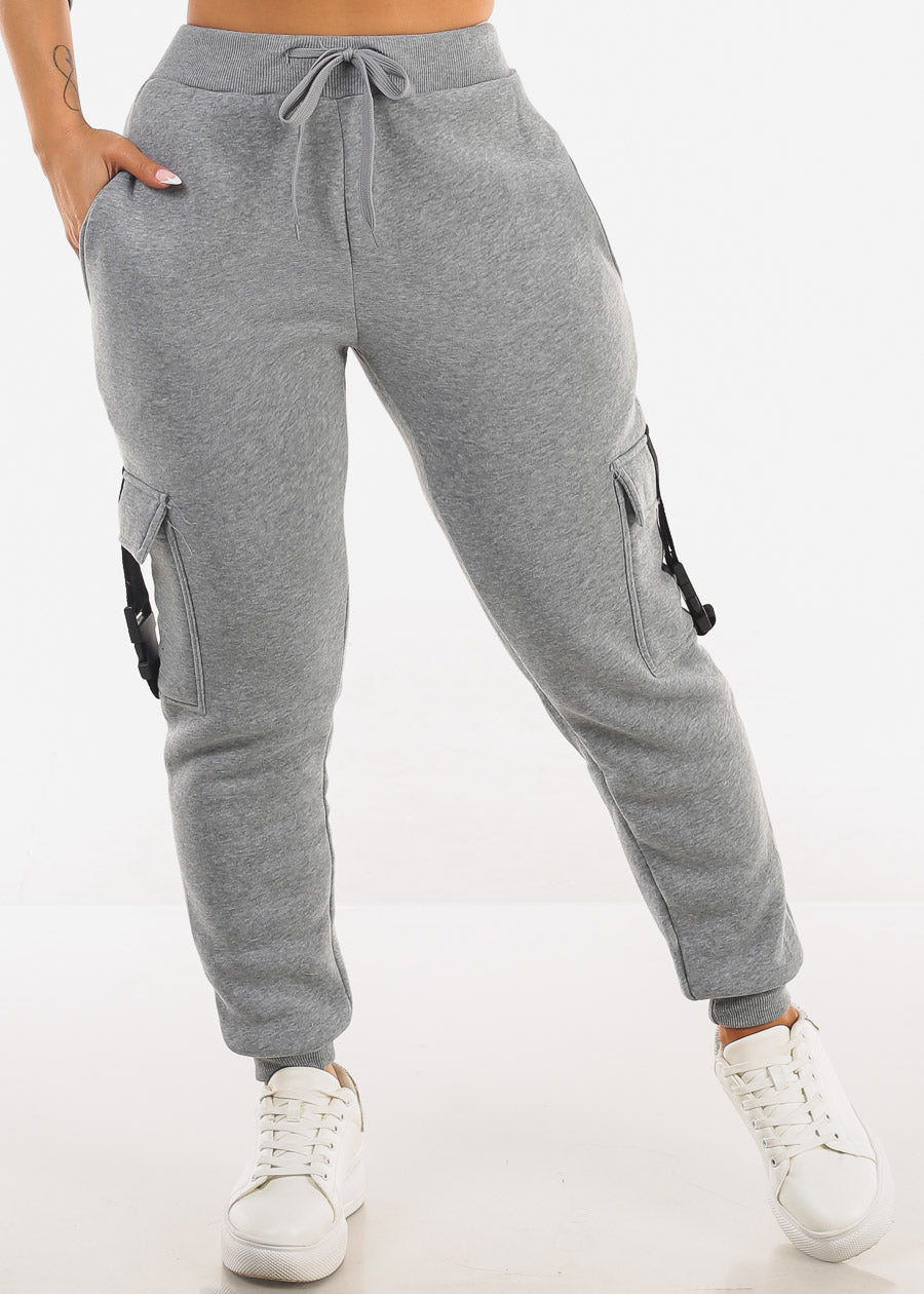 Grey High Waist Fleece Joggers w Buckle Pockets