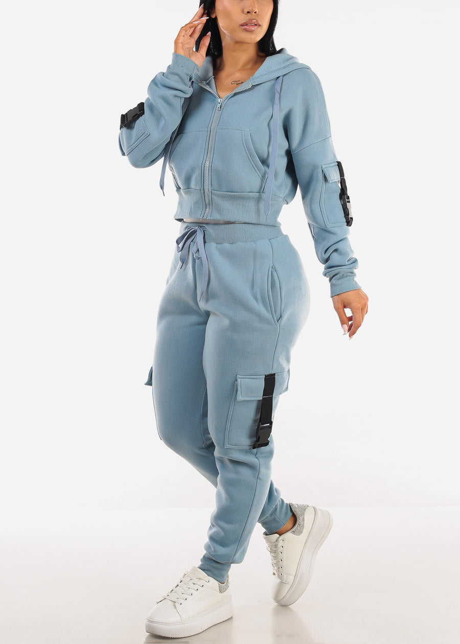 High Waist Fleece Joggers w Buckle Pockets Light Blue