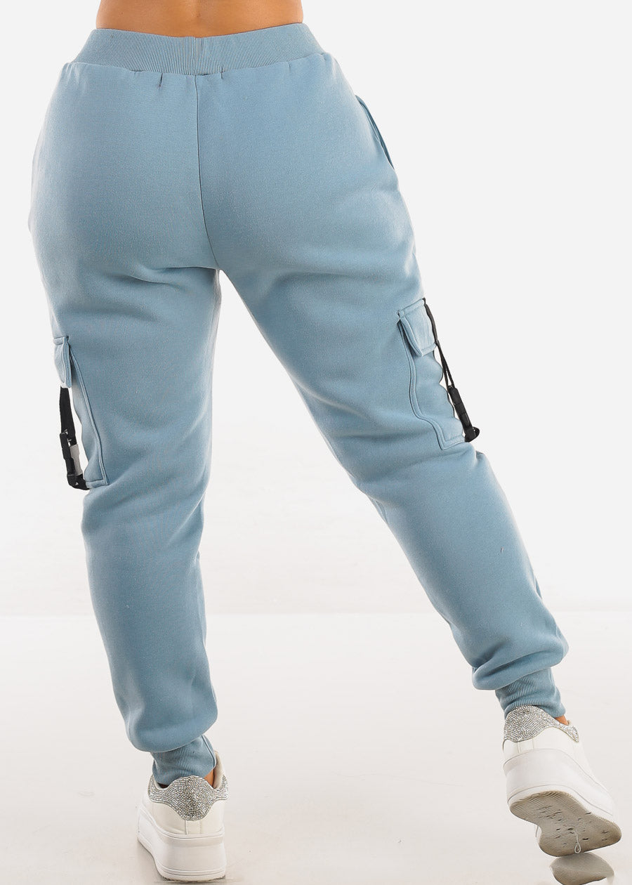 High Waist Fleece Joggers w Buckle Pockets Light Blue