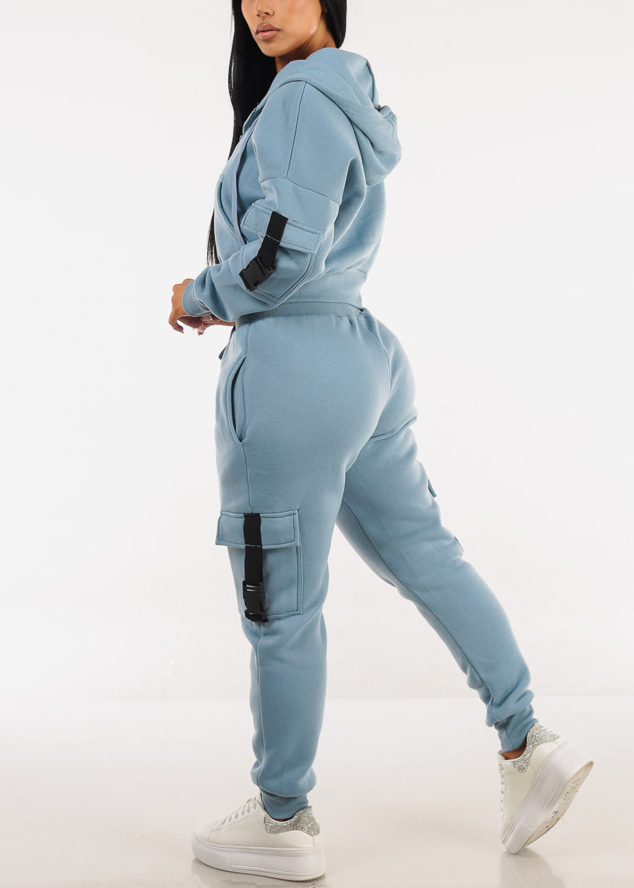 High Waist Fleece Joggers w Buckle Pockets Light Blue