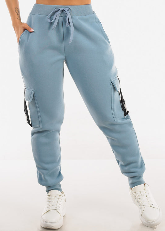 High Waist Fleece Joggers w Buckle Pockets Light Blue