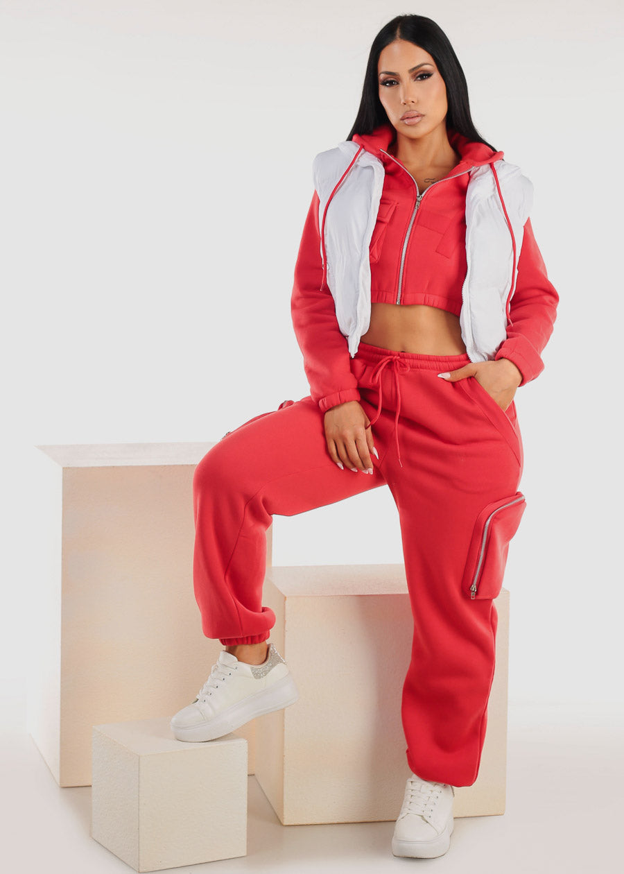 Red Cargo Jogger Sweatpants w Zipper Pockets 