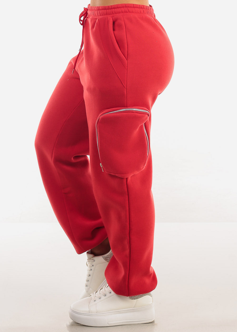 Red Cargo Jogger Sweatpants w Zipper Pockets