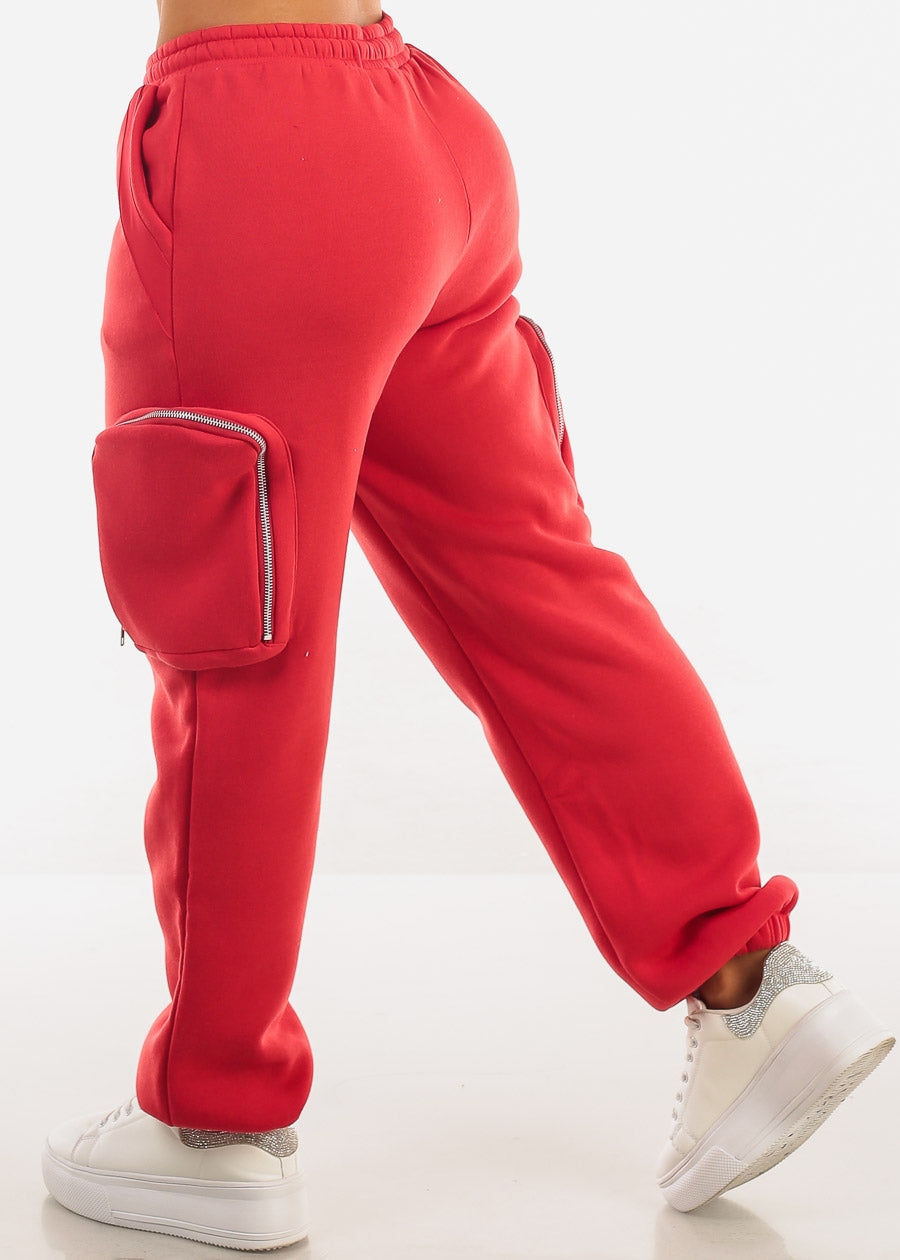 Red Cargo Jogger Sweatpants w Zipper Pockets