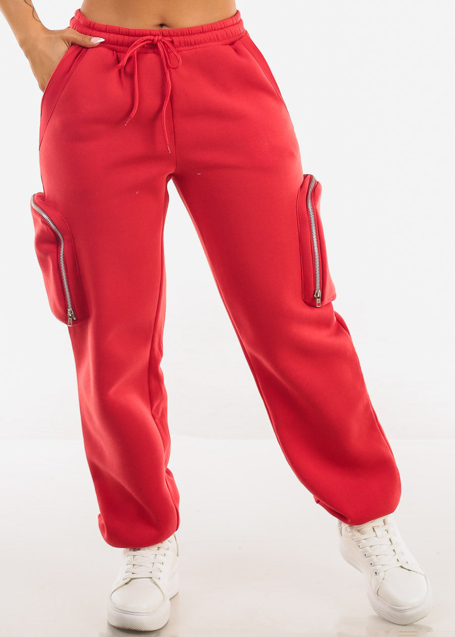 Red Cargo Jogger Sweatpants w Zipper Pockets 