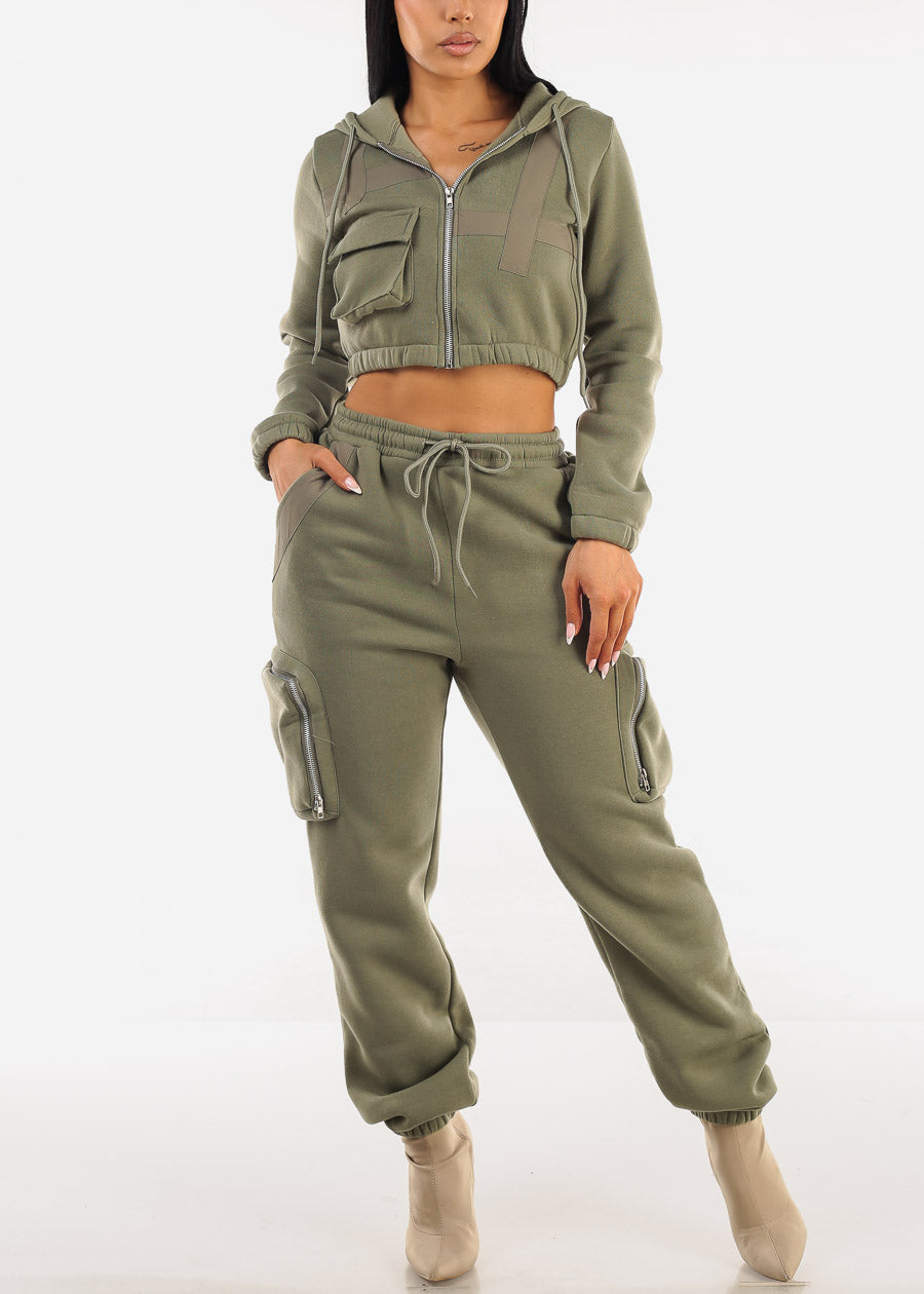 Cropped Zip Up Hoody Olive