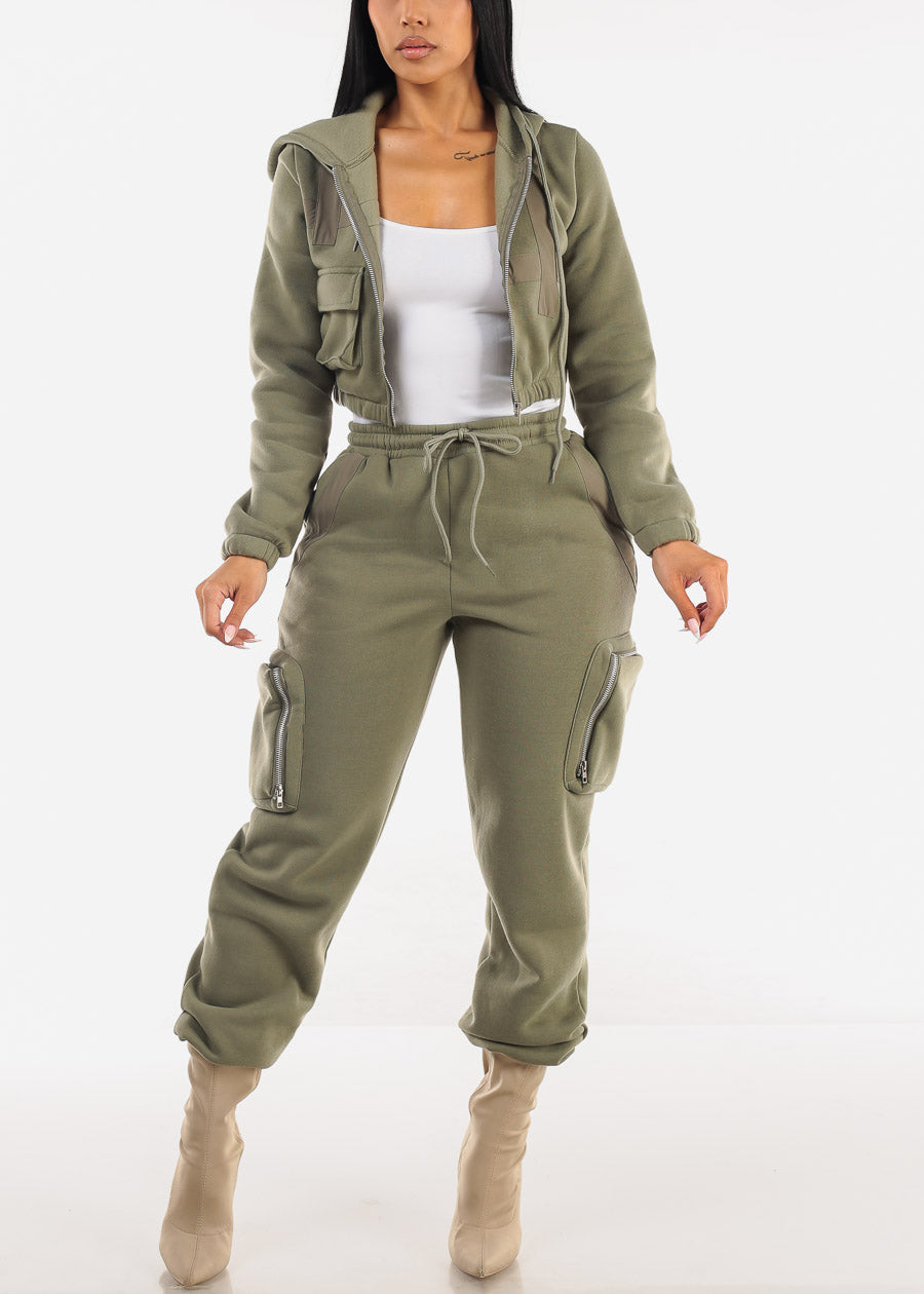 Cropped Zip Up Hoody Olive