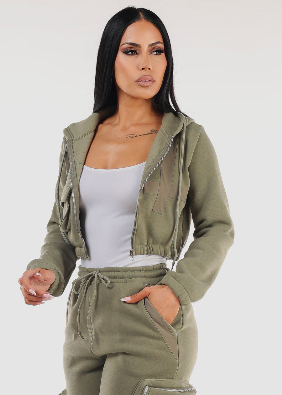 Cropped Zip Up Hoody Olive