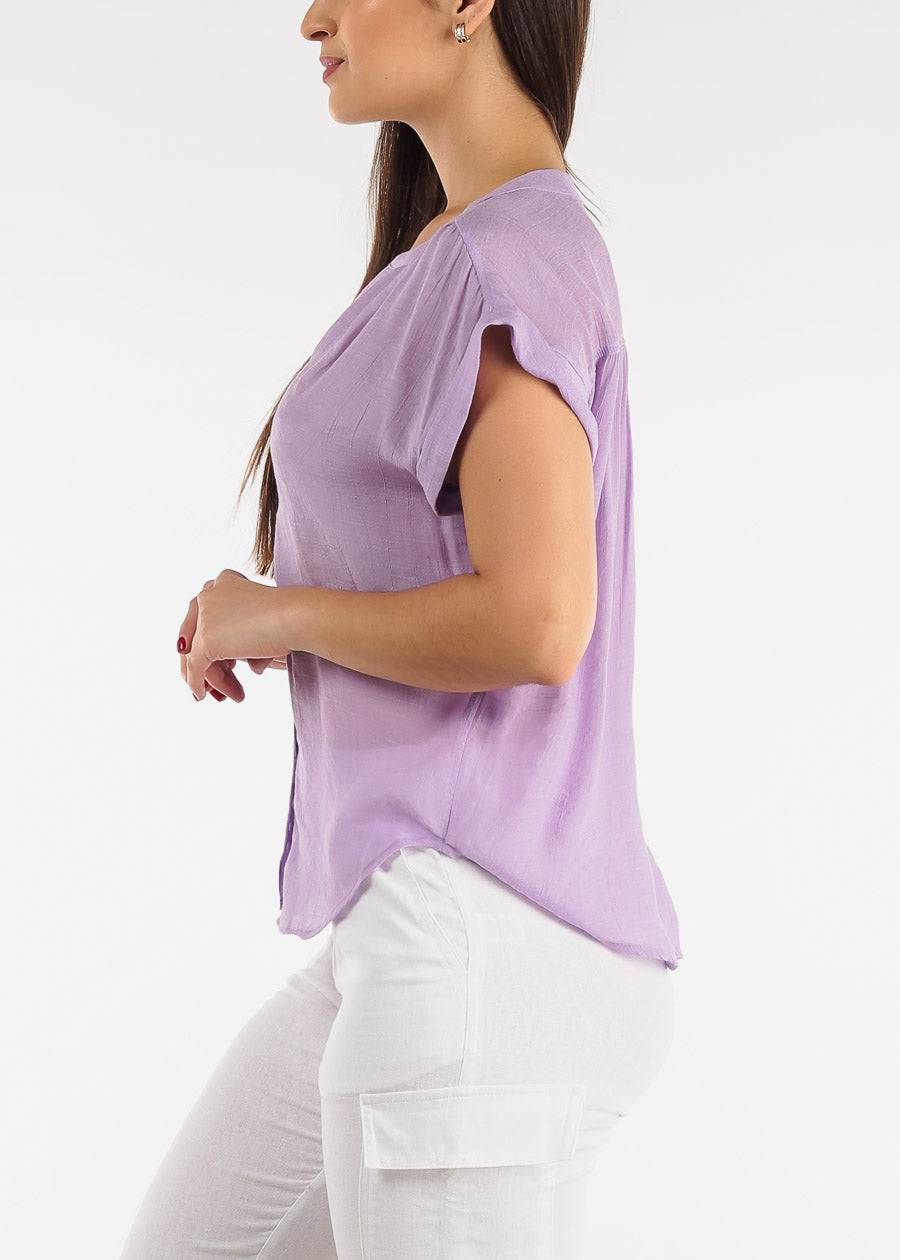Cap Sleeve Button Up Round Hem Shirt Lavender