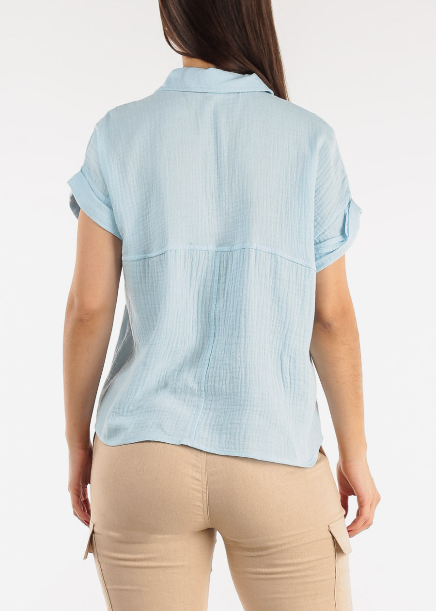 Cotton Cap Sleeve Button Up Shirt Light Blue