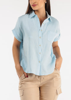 Cotton Cap Sleeve Button Up Shirt Light Blue