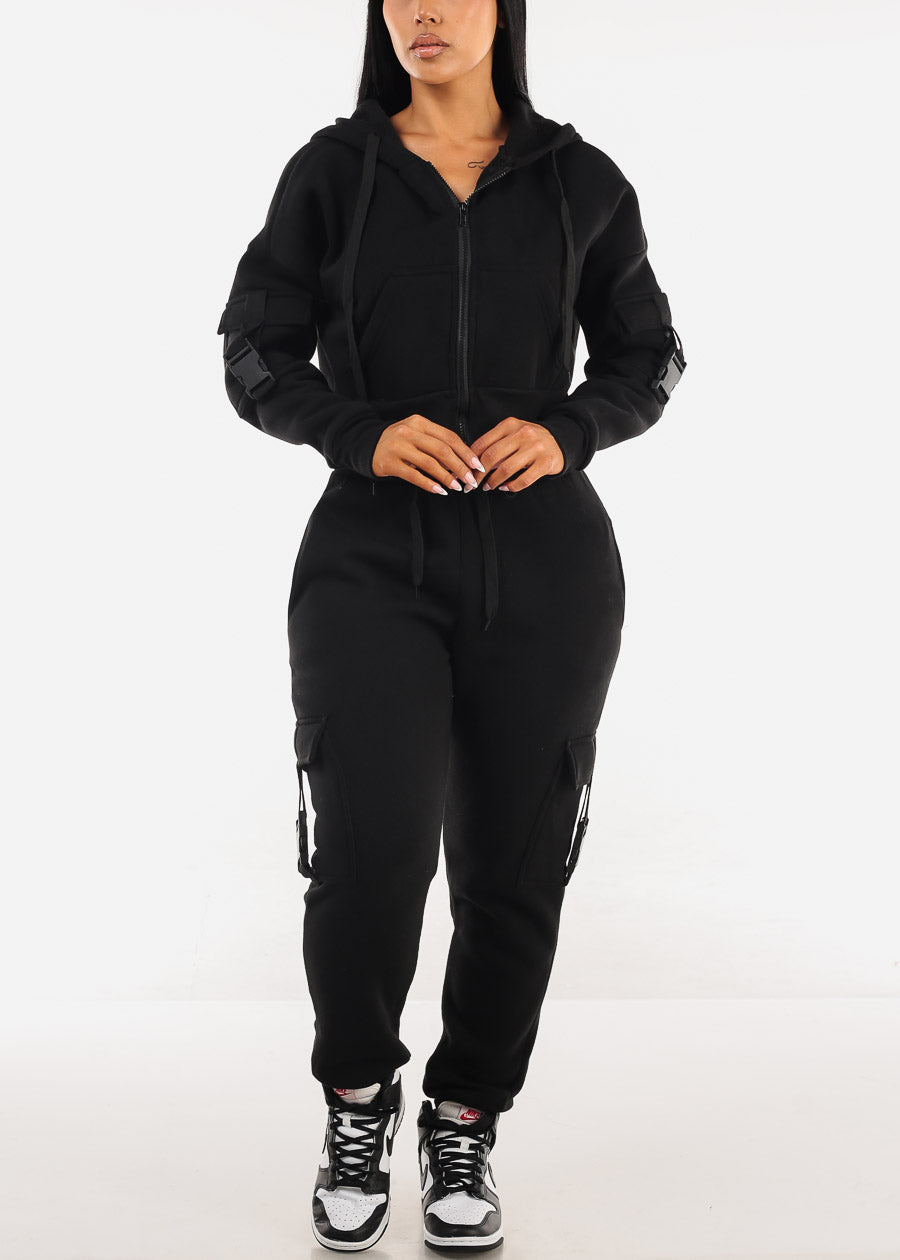 Cropped Zip Up Fleece Hoody Black