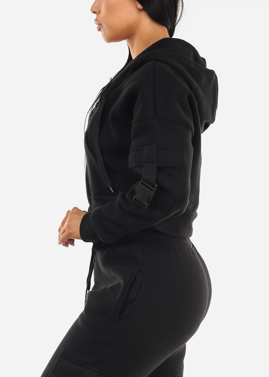 Cropped Zip Up Fleece Hoody Black