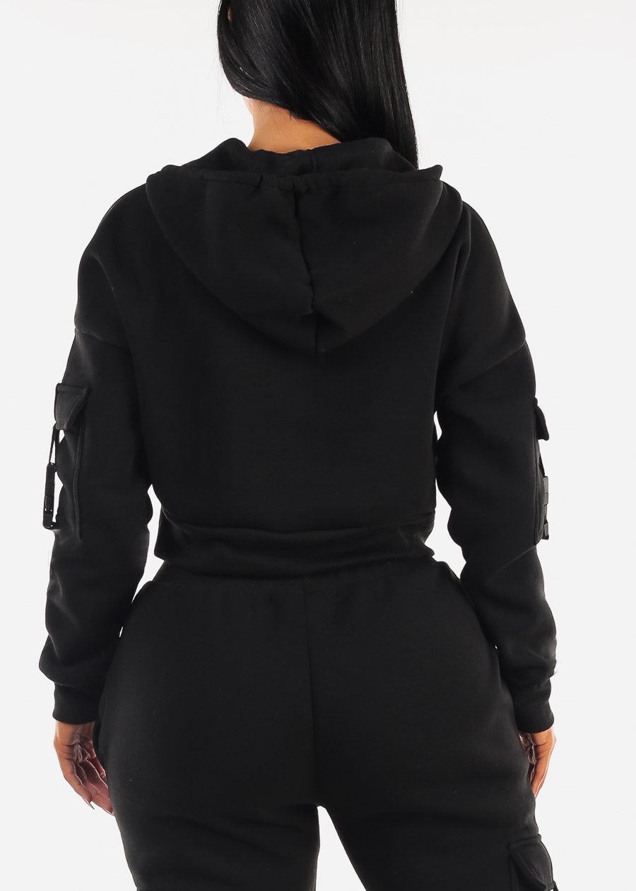 Cropped Zip Up Fleece Hoody Black