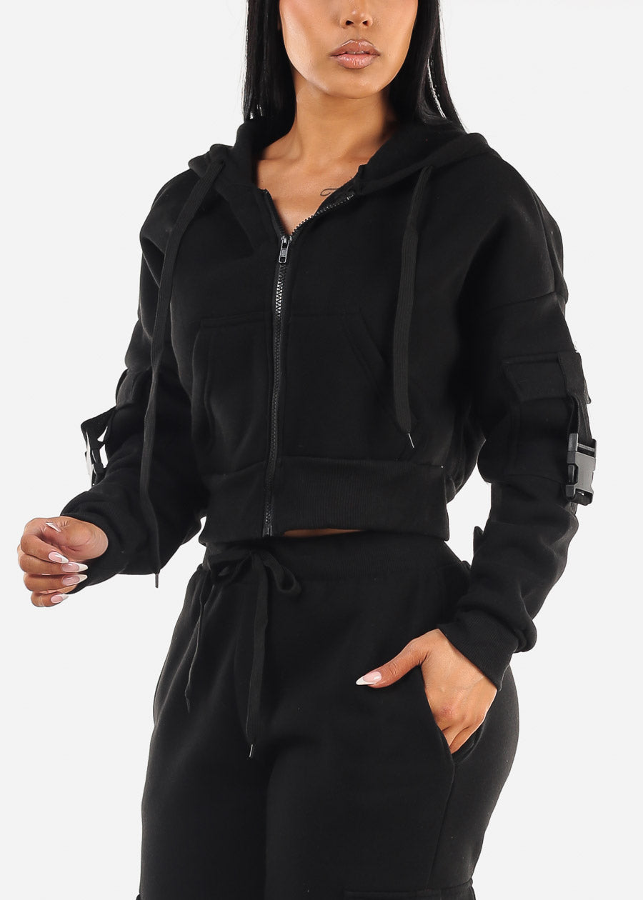 Cropped Zip Up Fleece Hoody Black