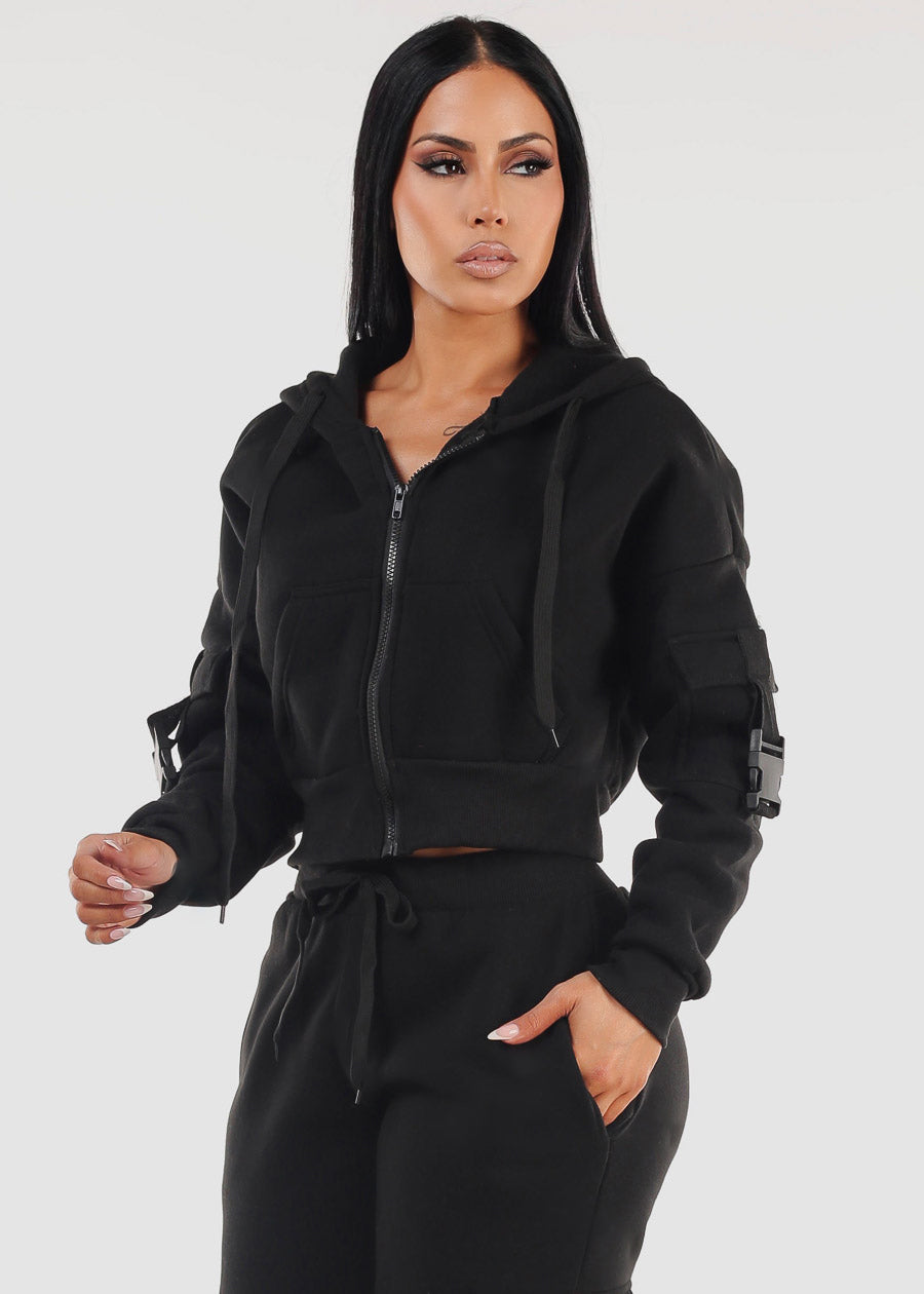 Cropped Zip Up Fleece Hoody Black