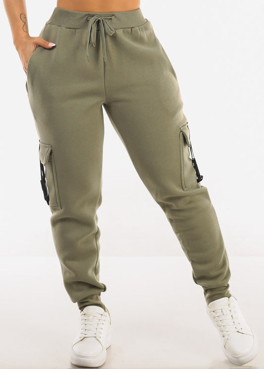 High Waist Fleece Joggers w Buckle Pockets Olive