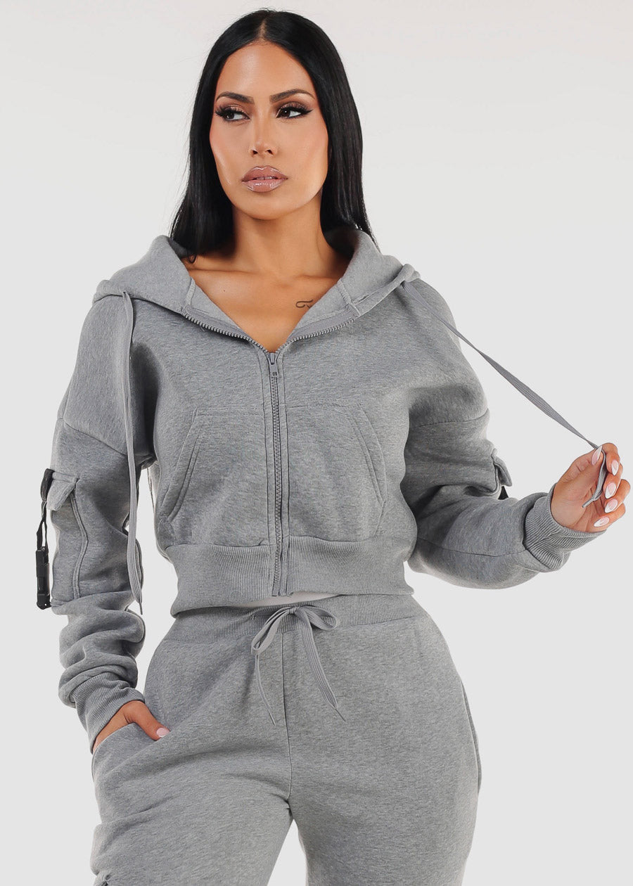 Grey Cropped Zip Up Fleece Hoody