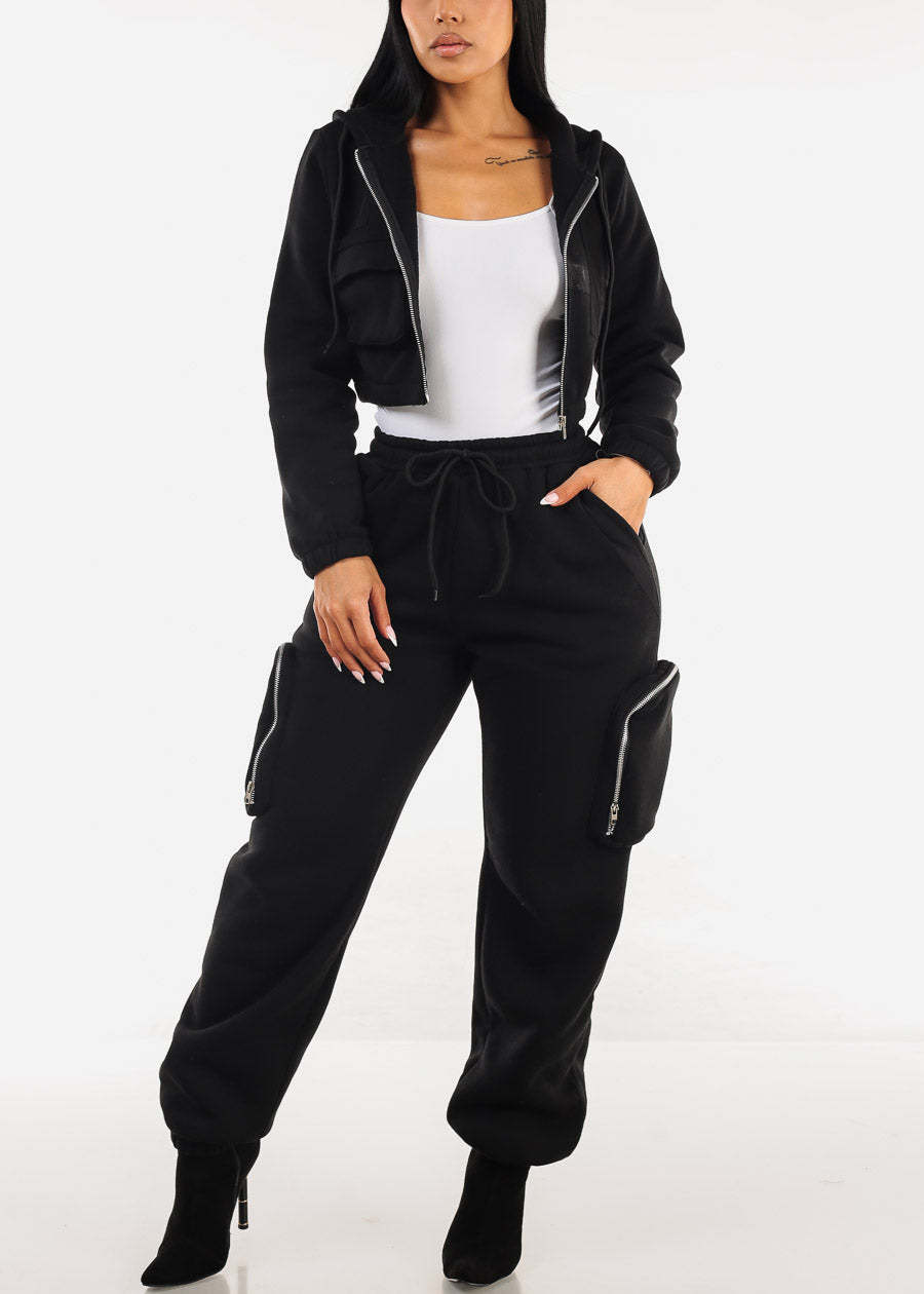 Black Cargo Jogger Sweatpants w Zipper Pockets 