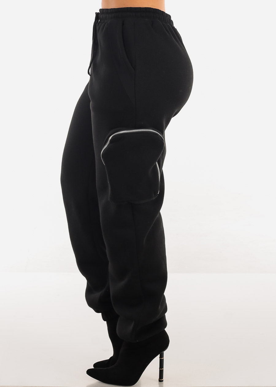 Black Cargo Jogger Sweatpants w Zipper Pockets 