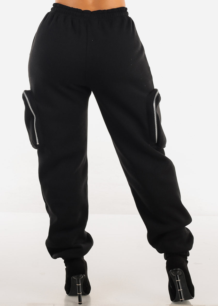 Black Cargo Jogger Sweatpants w Zipper Pockets 