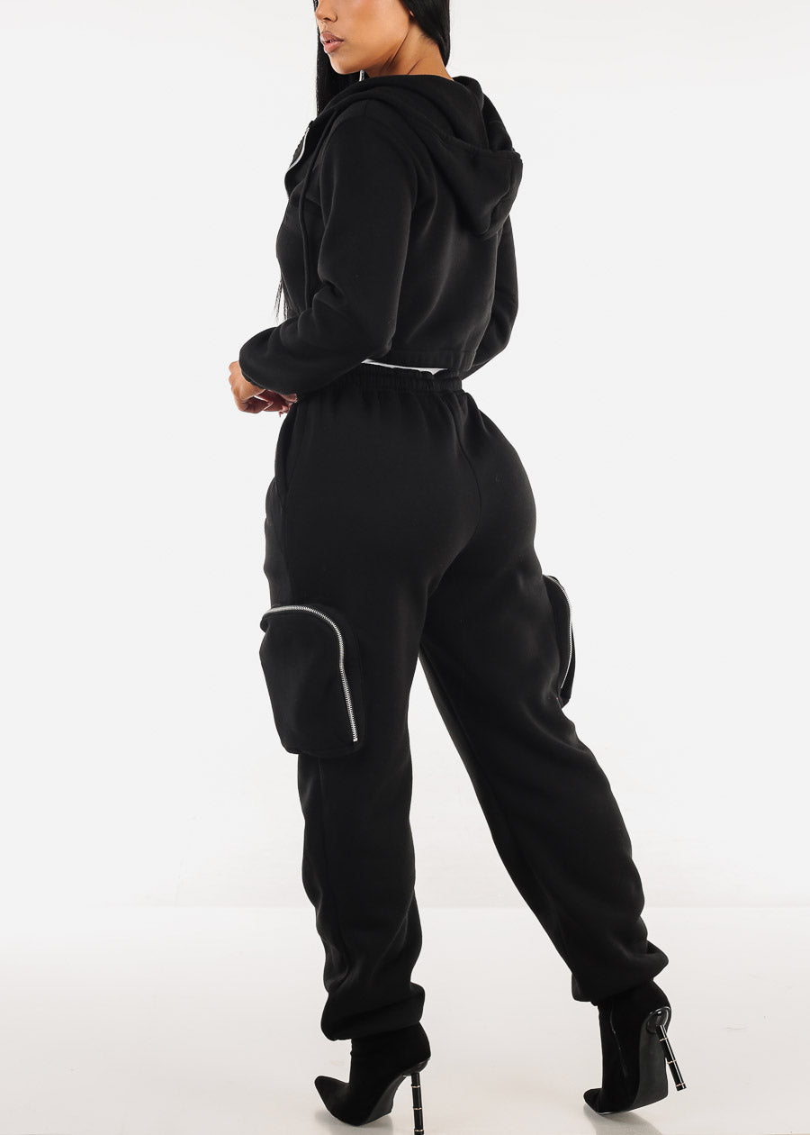 Black Cargo Jogger Sweatpants w Zipper Pockets