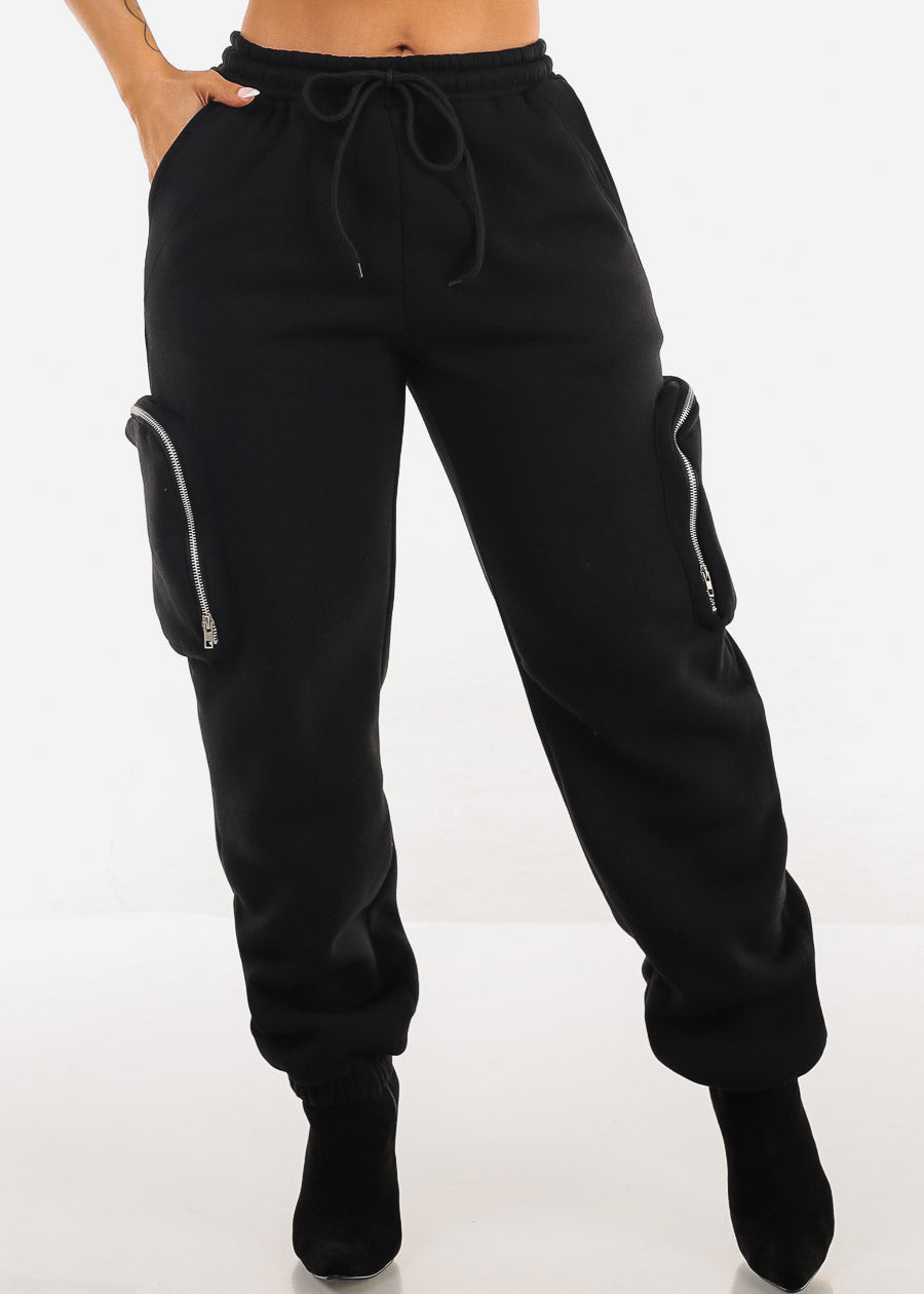 Black Cargo Jogger Sweatpants w Zipper Pockets 