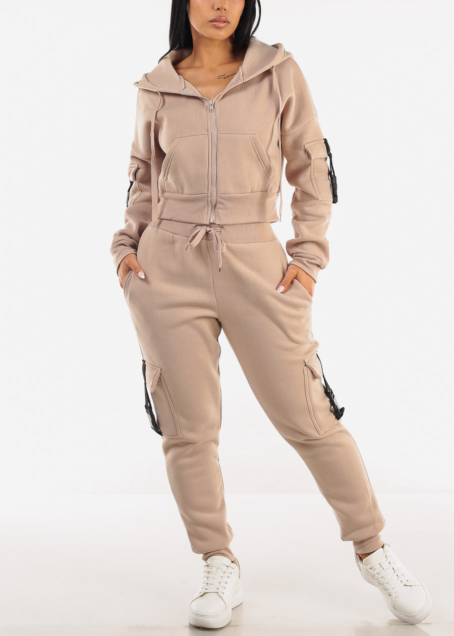 High Waist Fleece Joggers w Buckle Pockets Beige