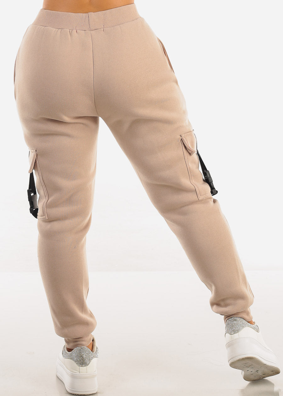 High Waist Fleece Joggers w Buckle Pockets Beige