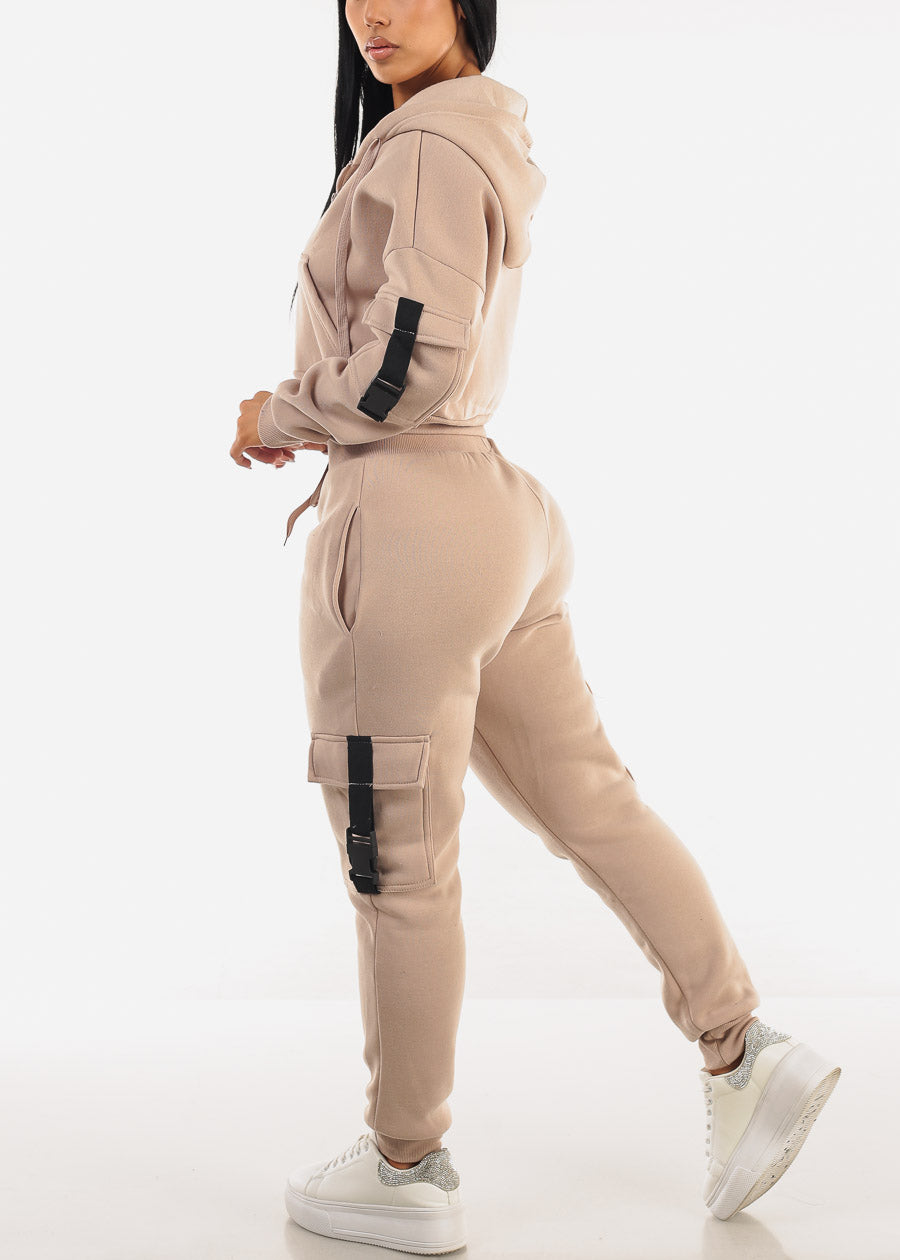 High Waist Fleece Joggers w Buckle Pockets Beige