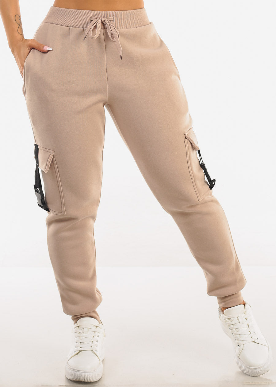 High Waist Fleece Joggers w Buckle Pockets Beige